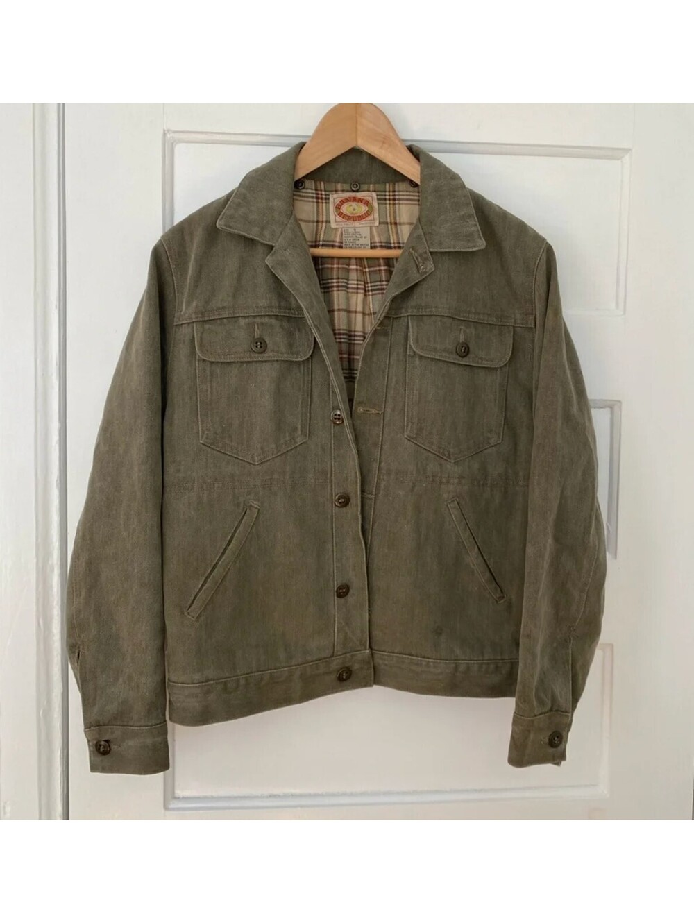 Rare! 80s Vintage Banana Republic Plaid Lined Cotton Jacket in Olive Green, US S